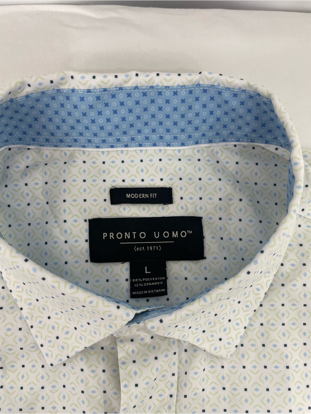 Pronto Uomo Modern Fit L White Geometric Stretch Button Up Shirt Golf Casual - Picture 4 of 9